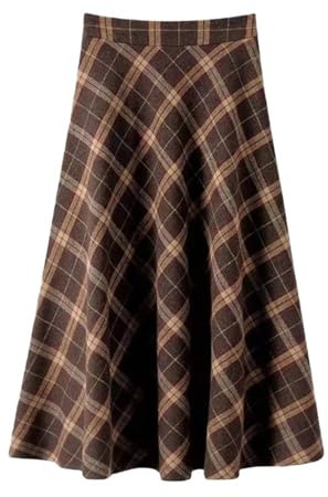 ITAMCO Falda a cuadros de Tweed for mujer, falda larga holgada estilo retro británico, midi de cintura alta y corte en A (Color : Coffee, Size : L)