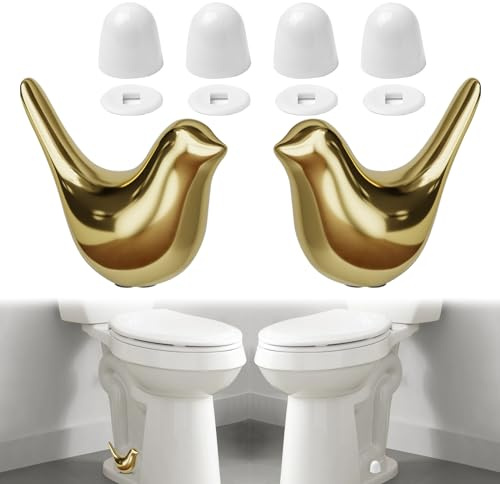 MENNTY Ceramic Gold Bird Toilet Bolt Covers, 2 Birds and 4 Plastic Caps | Bathroom Decor Hides Floor Bolts, 0.5 in Base Opening, Fits Bolts up to 1.18 in High, Peel & Stick, Place-Over Installation