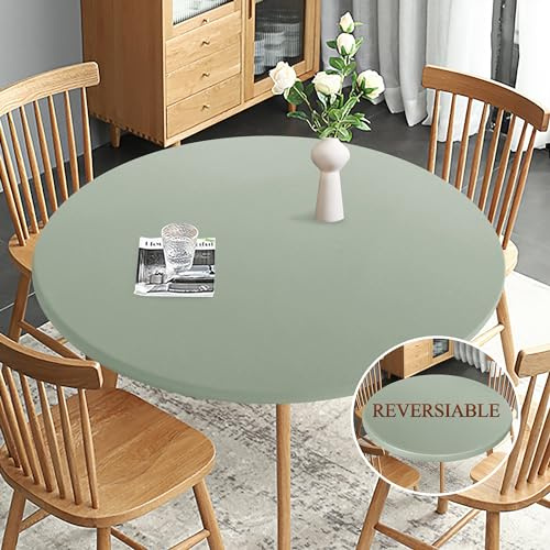 Obstal Fitted Round Table Cloth, Reversible Waterproof Stain Resistant Elastic Stretch Tablecloth, Wipe Clean Table Cover for Outdoor/Indoor Use, Fits Round Tables up to 32 - 36 Diameter, Sage Green