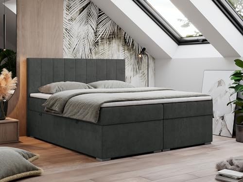 MKS MEBLE Boxspringbett 180x200 cm, Bett mit Multipocket Matratze H4 und Topper T25, Boxspringbett mit Bettkästen, Polsterbett mit Kopfteil - Lope - Dunkelgrau Struktur
