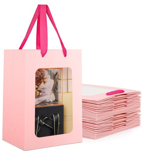 EUSOAR Geschenktüte Papier Rosa - 20 STK 210GSM Papiertüten mit Henkel 18x13x25cm - Geschenktasche mit Sichtfenster - Klein Geschenktüte mit Transparent Fenster - Papiertaschen