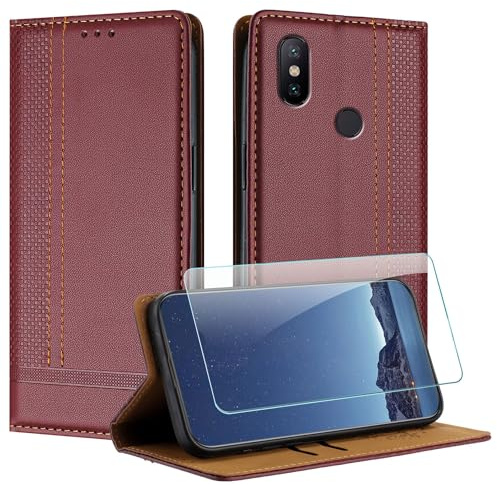 JayModCase Funda para Xiaomi mi 6X / A2 con Protector Pantalla, Flip Leather Ranura Tarjeta Magnético Wallet Carcasa con Cierre magnético Soporte Plegable para Xiaomi A2 - Borgoña