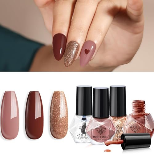 MODELONES Vernis à Ongles, 3 Couleurs Nude Marron Pailleté Vernis à Ongles Lot Brillant Séchage Rapide, à Base D'eau Coffret Vernis a Ongle, Vernis Gel DIY Nail Art Manucure, Cadeau pour Les Femmes