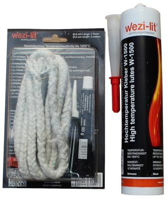 Cordon en céramique Ø 8 mm 2 m + cordon de four colle 50 g -1200 ° + mastic d'étanchéité haute température 310 ml -1500 °
