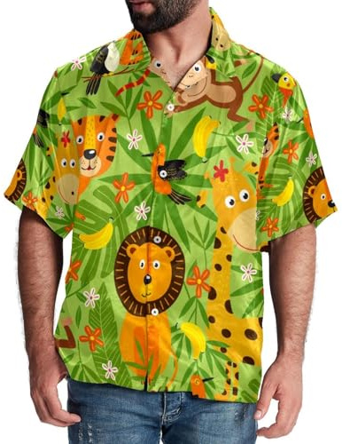 Eslifey Chemise boutonnée à manches courtes pour homme, animaux de la jungle, lion, girafe, singes