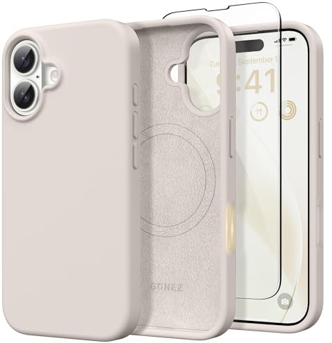 GONEZ für iPhone 16 Hülle Silikon 6,1 Zoll & Displayschutz, [MagSafe-kompatibel] dünne Handyhülle aus Flüssigsilikon, Kratzfeste und stoßfeste, Mikrofaserfutter Schutz Case, Stein