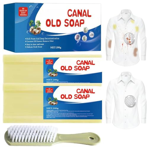 2 piezas Jabón Canal,Jabón viejo Canal con cepillo,Quitamanchas en barra de jabón mágico,Jabón para limpiar ropa interior, potente jabón limpiador para quitar manchas, suave y no daña las manos