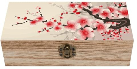 DWTJKMS dekorative Aufbewahrungsbox aus Holz mit Scharnierdeckel und Frontverschluss, japanische Kirschblüten, großes Korbformat, Vintage-Schmuckkästchen