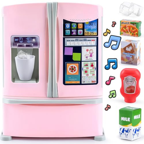 PLAY Küche Kinder Kühlschrank Spielzeug mit Eisspender, Spielküche Zubehör Set mit Kinderkühlschrank, Lebensmittel Spielzeug, Eiswürfel, Effetti Sonori Realistici, Geschenk Küchengeräte für Kinder 3+