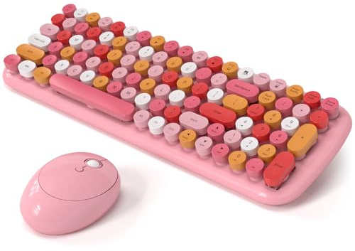 Wireless Keyboard and Mouse Combo, MOWUX - Modern Compact Layout, Colorful Compact Candy Mouse and Retro Round Keyboard Set with Cover, for PC/Laptop/Windows/Mac - Pink Colorful