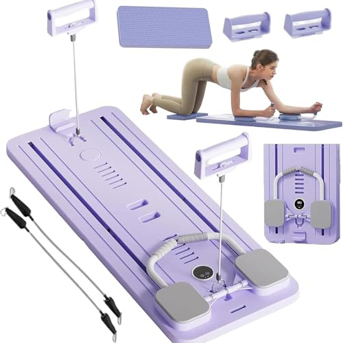 WaaYb Ab Roller Board, faltbares Pilates-Reformer-Set, multifunktionales automatisches Rebound-Roller-Übungsrad mit Ellenbogenstütze, Widerstandsbändern und Timer, Ganzkörper-Trainingsgerät Purple