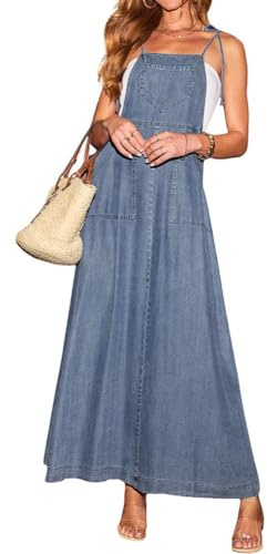 chouyatou Women's 2025 Summer Spaghetti Strap Maxi Long Denim Dress Swing Flowy Jean Jumper Overall Dress (Large, Blue)
