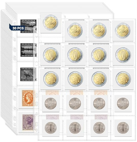 ENPOINT 600 Pockets Acid Free Coin Sleeves, Non Stick and Non Glare, Fit for Coin Flips 2x2 inch, 3 Ring Binder Sleeves Clear Plastic Stamp Collecting Supplies, 30 Pack