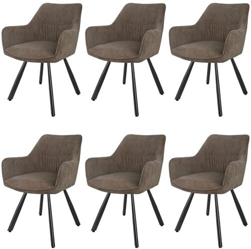 LEWE Esszimmerstühle 6er Set Drehbar, 360° Drehstuhl, Ergonomisch Polsterstuhl, Küchenstühle mit Armlehne, Metallbeine, Kurzflor-Stoff für Esszimmer Wohnzimmer Schlafzimmer, Braun