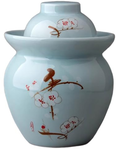 DECORN Hand-Painted Traditional Chinese Porcelain Pickle Jar, Ceramic Fermentation Crock Pickling Pot, Fermenting Jar with Water Seal Airlock Lid, Stoneware Fermenter for Kimchi Saue,B,3.5kg