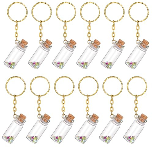 DELORIGIN 12 mini Bouteille de Souhait en Verre de 3 ml Porte Clés Petits Pots avec Couvercles en Liège Bouteilles de Potion Porte Clés Pendentif pour Sac Bricolage Décorations de Fête et de Mariage