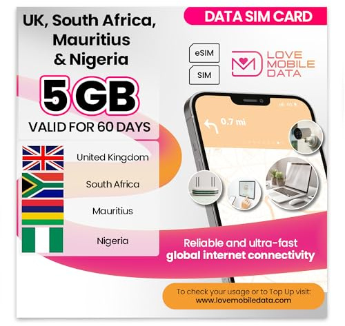 Love Mobile Data Only Sim Card - International Multi-Network 4G/5G Prepaid Pay As You Go Data Sim for Mobile Phones, WiFi Routers & More, UK, Nigeria & Mauritius & South Africa - 5GB for 60 Days