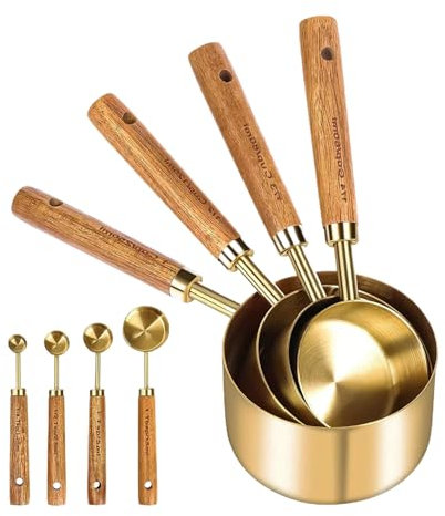 Juego de Tazas y Cucharas Medidoras - Cucharas y Tazas de Acero Inoxidable con Mangos de Madera,Set De 8 Apilables Y Encajables Para Repostería Y Cocina, Accesorios De Cocina Prácticos