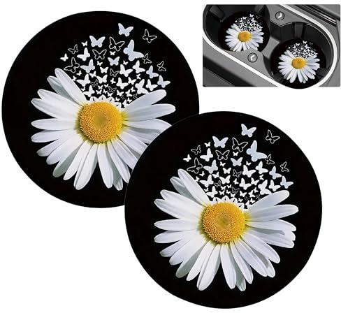 2 Pack Car Cup Holder Insert with Daisy Butterfly Design – Non-Slip Car Coasters, Silicone Auto Mug Mats, Universal Embedded Cup Holders Liner, Black New Car Accessories Interior Essentials