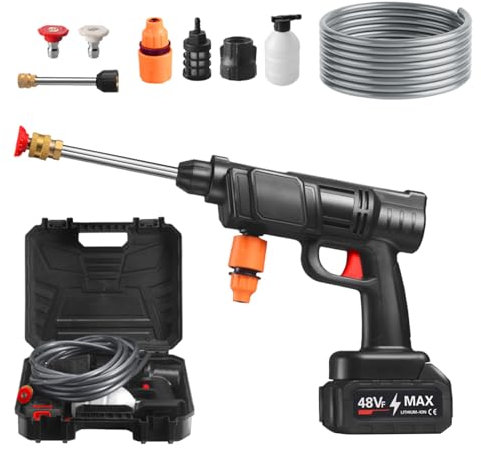 Moxeupon Rondella ad alta pressione a batteria, ricaricabile, spruzzatore a mano, con tubo da 5 m, macchina per la pulizia elettrica per giardini, camion e piante