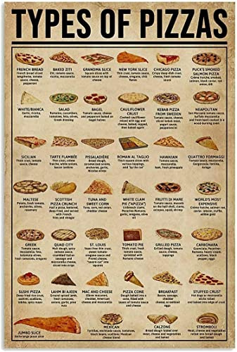 FJQWKLF Plaque en métal à l'ancienne pour bar de cuisine, types de pizzas, panneau rétro en aluminium, affiche vintage, décoration murale, pour cuisine, boulangerie, 30,5 x 40,6 cm