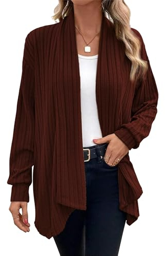 Chicrise Cardigan Donna Lunghi Autunno Spolverino Righe Maglia Giacche Comodo Calda Solido caffè Medio 38-40 M