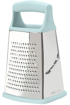 Tovolo Elements 4-Sided Box Grater - Stainless Steel Cheese Shredder with Coarse Medium Fine Slice Sides, Comfortable Handle & Stable Base for Kitchen Prep, Large, Blue Haze