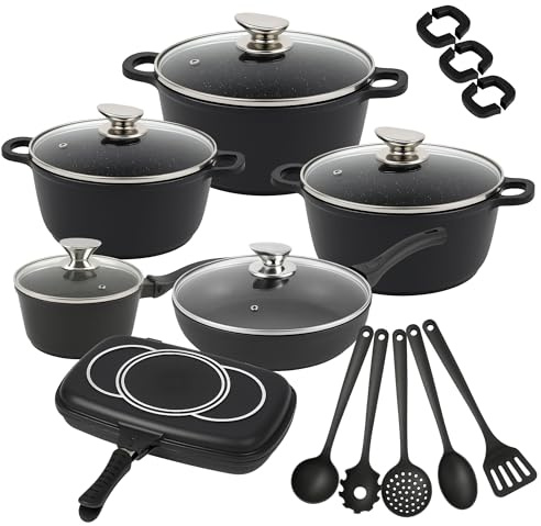 Set di Pentole 22 Pezzi Antiaderenti con Bistecchiera Batteria di Pentole e Padelle con Coperchi in Vetro, Manici Removibili, Mestoli e Accessori in Silicone Per Tutti i Piani di Cottura, Induzione