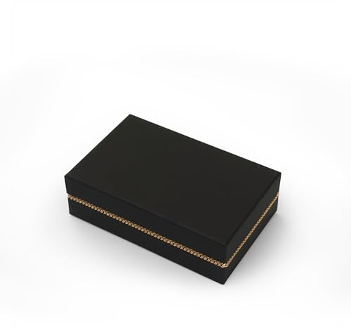 Geschenkbox klein mit Deckel & Edelstahl-Chain | Geschenkverpackung für Weihnachten Geburtstag Hochzeit Schmuck | Geschenkkarton mit Umschlag Karte Seidenpapier (Schwarz-Gold, 22 × 14 × 7 cm)
