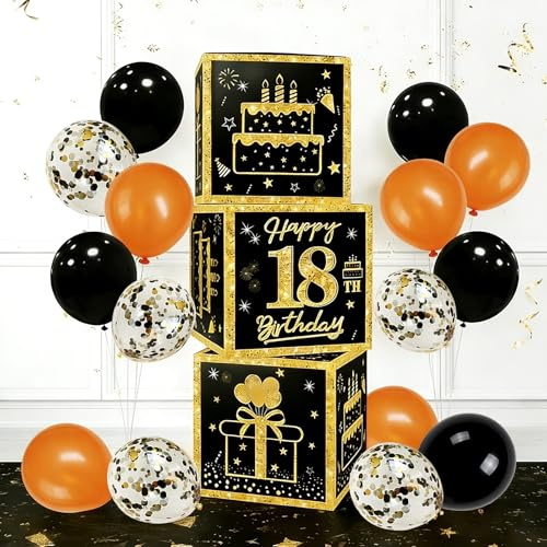 MeteoraPrime 3 pièces Boîtes d'or pour 18ème anniversaire 5 ensembles de ballon en or noir pour la décoration de 18ème Bon anniversaire Fournitures pour garçons (Doré)
