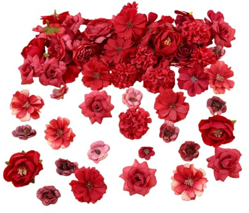 Scinzene 50 Stück Kunstblumen, Verschiedene Blütenköpfe zum Basteln, Dekoration, Hochzeit, DIY Projekte, Seidenblumen Rot, Kunstblumen Deko für Zuhause, Party, Handwerk, Arrangements