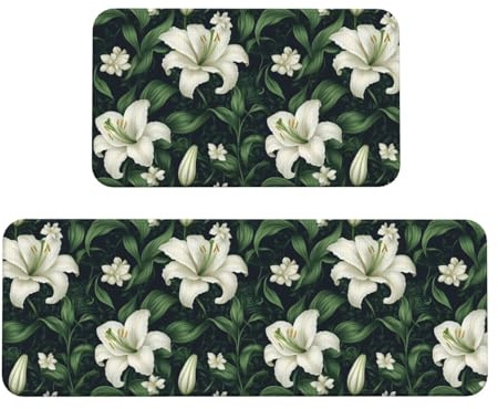 GVYGVY Alfombrillas de cocina antifatiga para suelo, 2 piezas, alfombras de cocina con estampado de hojas de lirio blanco, antideslizantes, lavables, alfombra de pie para oficina, lavandería, hogar