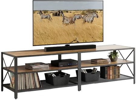 Relaxdays TV Lowboard with 4 Shelves for up to 75-Inch TVs, 52x180x39 cm, Brown/Black