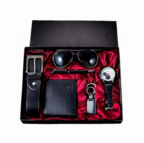 JS Collection Coffret cadeau de Saint-Valentin pour homme avec montre, portefeuille, ceinture, lunettes de soleil, stylo, porte-clés, 6 pièces, cadeau parfait pour lui (noir)