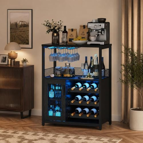 Weinregal Industrial Design mit LED Licht, 70x35x92 cm,Holzmaserung Schwarz