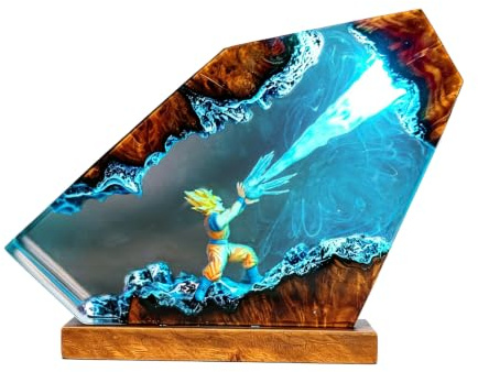 Harzlampe,Nachttischlampe,3D Harz Saiyajin Goku Figuren Nachtlicht,mit USB Kabel mit Holzsockel,LED-Leuchten aus Epoxidharz,Desktop Dekoration für die Dekoration von Zuhause und Büro (stil-2,8*5in)