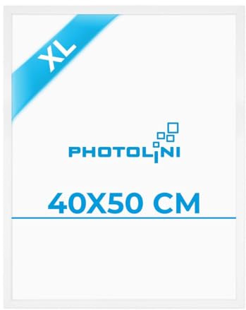 PHOTOLINI Bilderrahmen 40x50 weiß Holz MDF, Bilderrahmen 50x40 weiß mit bruchsicherem Acrylglas, Rahmen 40x50 zum Aufhängen, 50 x 40 frame mit extra Zubehör - picture frames für Fotos & Poster