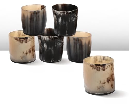 Handicrafts Home Handmade Horn Shot Glasses Set of 6, 3 oz Natural Viking Drinking Whiskey Shots for Cocktails & Parties, Medieval Decor Gift Set for Men & Groomsmen, Unique Bar Shot