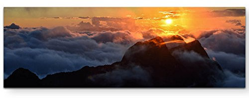 Paul Sinus Art Berge im Sonnenuntergang mit Nebel - Panoramabild auf Leinwand in 120x40cm