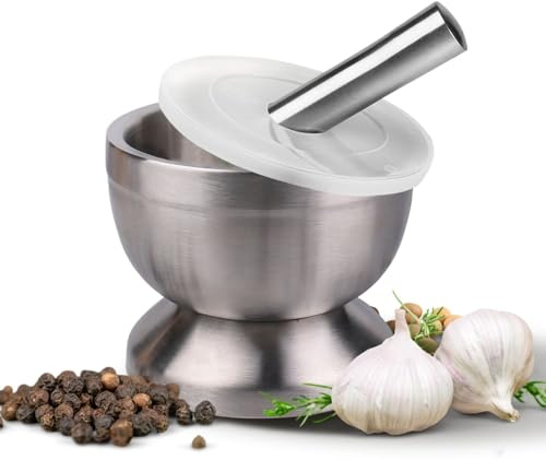 Flexzion Brushed Stainless Steel Mortar and Pestle Set Small - 4-Inch 1 Cup Capacity Muddler & Bowl with Non-Skid Base & Silicone Lid - Spice, Herbs, Guacamole, & Medicine Grinder & Crusher Set