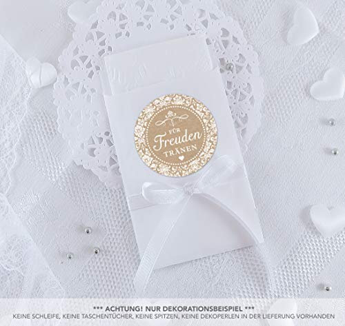 Freuden Tränen Taschentücher Set zur Hochzeit Groß 48 Sticker + 48 weiße Flachbeutel - Kraftpapier - 63 x 93 mm für Freudentränen Taschentuch Verpackungen Aufkleber NATUR WEIß KRAFTPAPIER LOOK