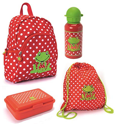 Familando Spiegelburg Kindergartenrucksack Set 4tlg. mit Turnbeutel, Brotdose, Trinkflasche für Mädchen ab 3 Jahre · rotes Motiv mit Frosch für Kindergarten