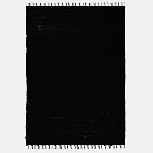 Theko | Dhurry Teppich aus 100% Baumwolle Flachgewebe Teppich Happy Cotton | handgewebt | Farbe: Schwarz | 70x140 cm