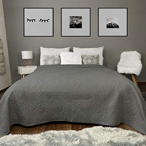 HOMELEVEL Tagesdecke Bett & Sofaüberwurf Bettüberwurf Sofa Tages Ornamente Decken Betthusse XXL Decke Überwurf Überdecke Dunkelgrau 240cm x 260cm
