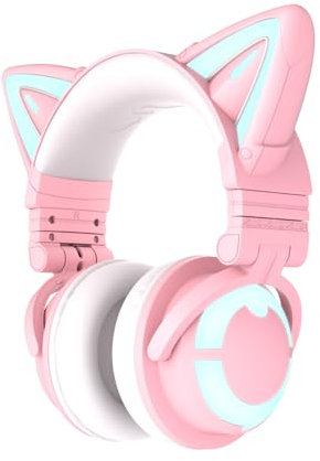 YOWU Casque d'écoute de Chat RVB sans Fil 5.0 avec Micro intégré, éclairage et Effet Personnalisables Via Application, câble Audio de Type C, pour PC, Ordinateur Portable, Mac, Smartphone (Rose)
