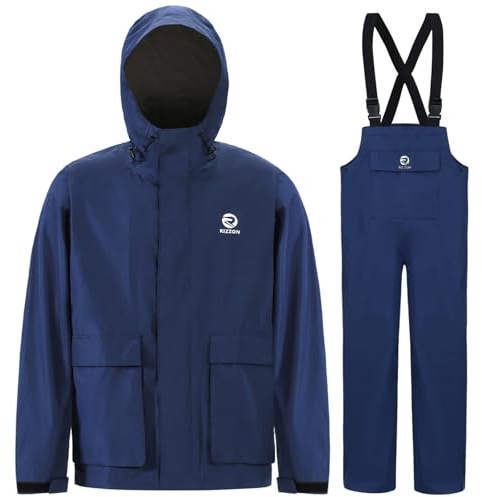 Rizzon Sailing Jacket with Bib Pants Overall Waterproof for Men Women Fishing Rain Suits Coastal(Navy,Large)