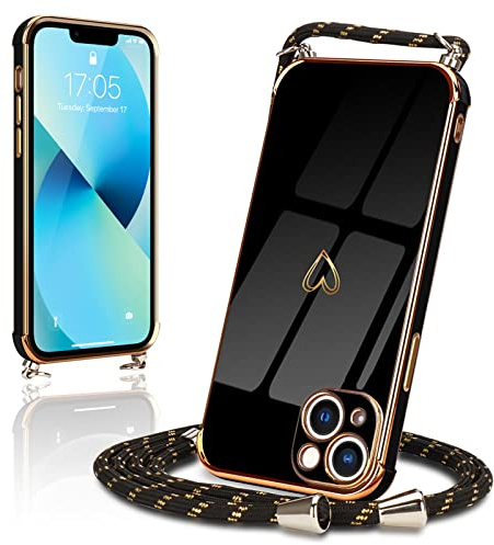 Micoden Handykette für iPhone 13 Hülle Necklace mit Band Herz Design | Kameraschutz Handyhülle Herz Design Galvanik Dünn Silikon Case Bumper Kordel zum Umhängen Stoßfeste Schutzhülle, Schwarz
