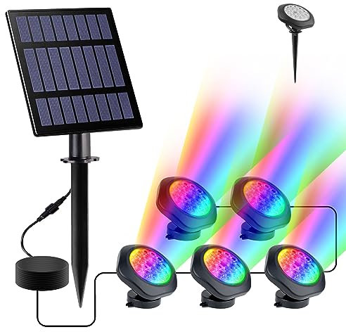 NATPOW Solar Pond Lights, 18 LED Super Bright RGB Landscape Spotlights IP68 Underwater Pond Lights Submersible LED Lights for Fish Aquarium Tank Garden Yard Pool Fountain Pond (5 Head Lamp)