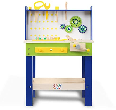 Baby Vivo Spielwerkbank aus Holz mit drehbaren Zahnrädern - Werkzeug und Zubehör 29-teilige Werkbank Bank Werkbank für Kinder Spielzeug Tisch Handwerker - Holzbank Werkzeugbank für Kleinkinder - Luigi