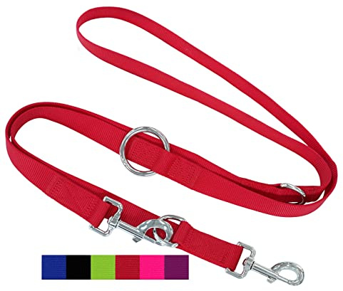 DEY - Premium Hundeleine Nylon 2m | 3fach Verstellbar | für Kleine, Mittelgroße u. Große Hunde | viele Farben |Doppelleine Hund Katze Welpe | Schleppleine |Führ-Leine | Welpenleine | Rot, S